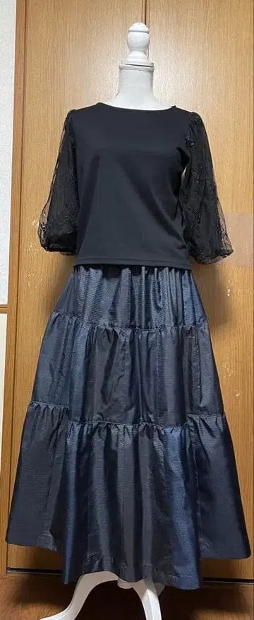 기모노 리메이크 심플 남색 계열 오시마 패치워크 캉캉 스커트