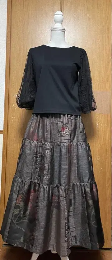 기모노 리메이크 브라운 계열 오시마 패치워크 캉캉 스커트