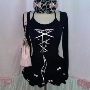 palesop 리본 코르셋 T셔츠 블랙 x 핑크