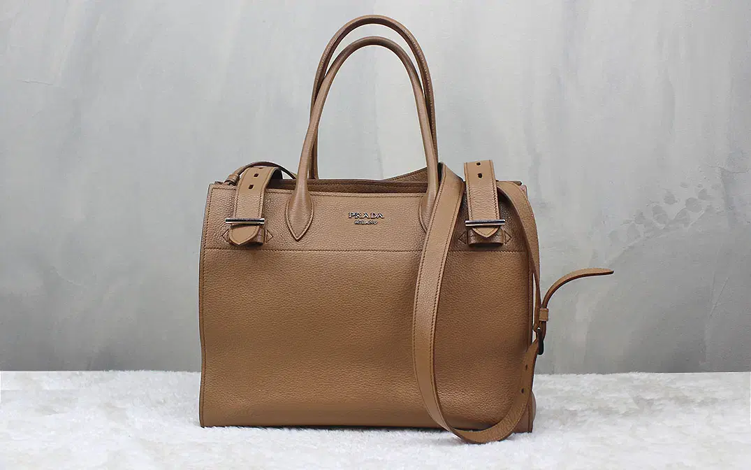 Prada Vitello Daino Top Handle Buckle Leather Bag (1BG103) Caramel