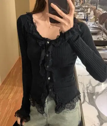 by muni:r 레이스 U넥 리브 니트 가디건