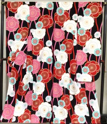 중고품 후리소데 재단 완료 폴리에스테르 블랙 계열 매실