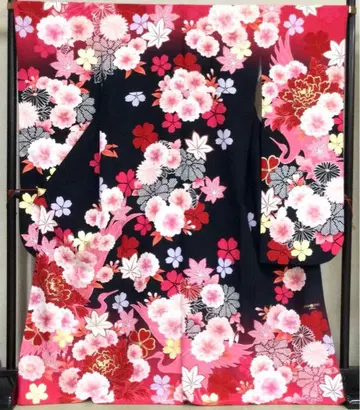 중고품 후리소데 기성복 폴리에스테르 블랙 베이스 사계절