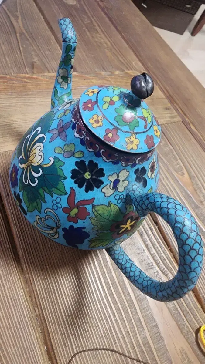 Chinese antique floral pattern copper cloisonné teapot vintage decoration