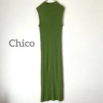 Chico 치코 하이넥 슬리브리스 리브 니트 원피스 그린
