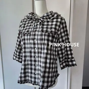 컨디션 최상 핑크하우스 블라우스 티셔츠 체크 7부 소매 후드 부착 셔츠
