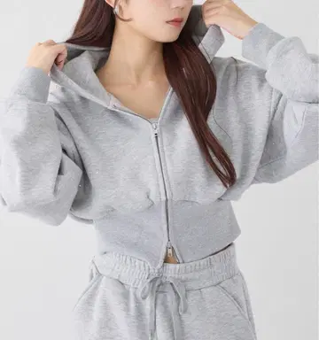 NICE CLAUP 비쥬 숏 후드티 그레이 멜란지 그레이