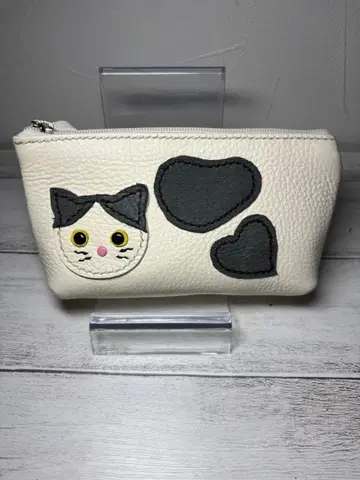 천연 가죽 (소가죽) 고양이 얼굴과 하트 파우치