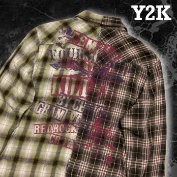 00s y2k 영문 백 프린트 스컬 체크 셔츠 헤이세이 아카이브