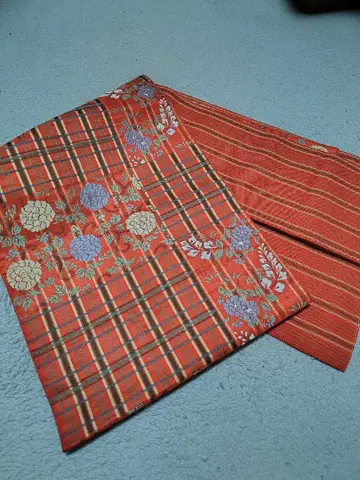 새상품급 빨간색 꽃무늬 체크 후쿠로 오비