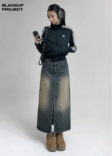 BLACKUP Log Washing Long Denim Skirt