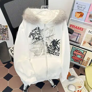 화이트 퍼 집업 후드티 스트릿 스타일 Y2K