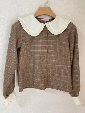 Honey Cinnamon 브라운 체크 블라우스 상의 핑크