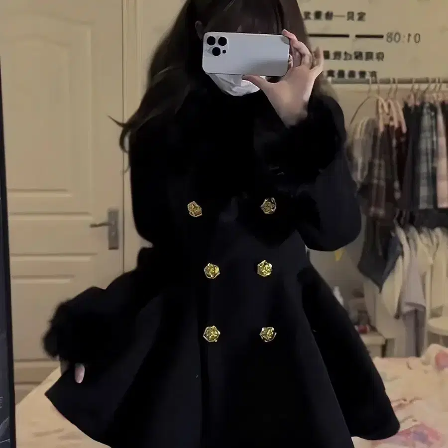 (Shipping included) Jirei-kei black fur collar flare coat