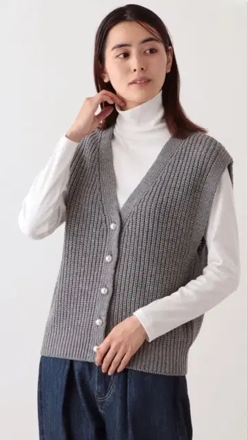 애프터눈 티 베스트&티셔츠 펄 단추 그레이