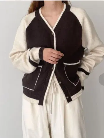 El mar 캐널진 배색 래글런 니트 가디건 브라운