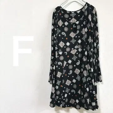 레어 패턴 V넥 원피스 [ F ] 긴팔 무릎 기장 원피스