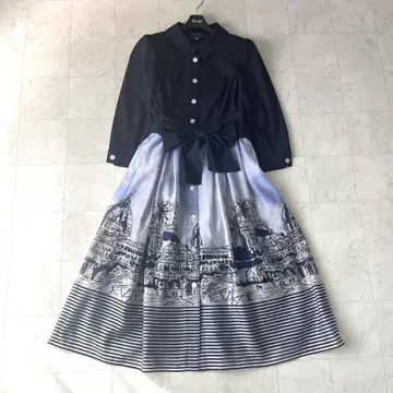 새상품급 2025년 엠즈 그레이시 풍경 무늬 셔츠 원피스 리본 38