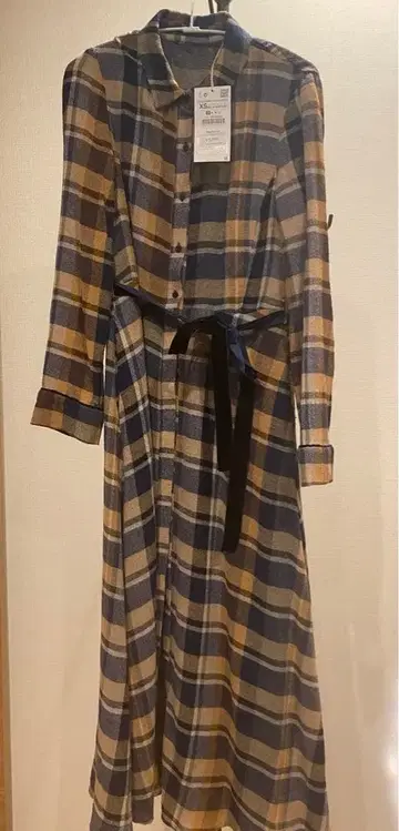 택 포함 ZARA 체크 무늬 맥시 길이 원피스 XS