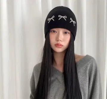 [ 새상품급 ] yegg 비즈 리본 니트 모자 블랙