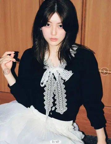 택 포함 미사용 새상품 스나이델 레이스 보타이 가디건 블랙