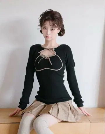 다리치 포인트 체크 니트 미니 원피스