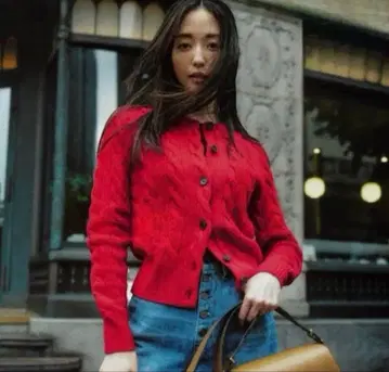 랄프 로렌 굵은 케이블 가디건 캐시미어 혼방 빨간색 XS