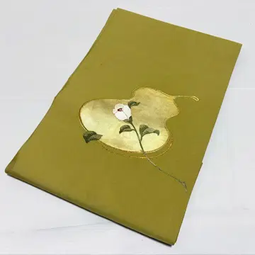 A 동백꽃 무늬 금실 그린 계열 순수 실크 북 패턴 나고야 오비 O22