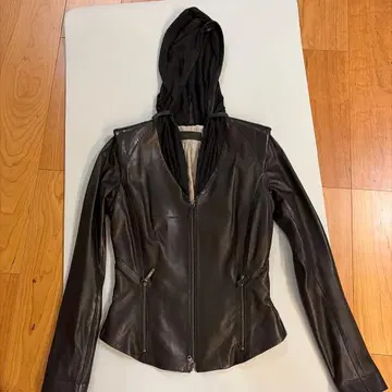 후드 부착 가죽 자켓 사이즈 36 블랙