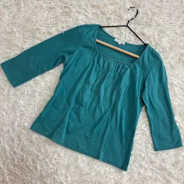 anyFAM 가슴 부분 개더 상의 7부 소매 스퀘어 넥 캐주얼