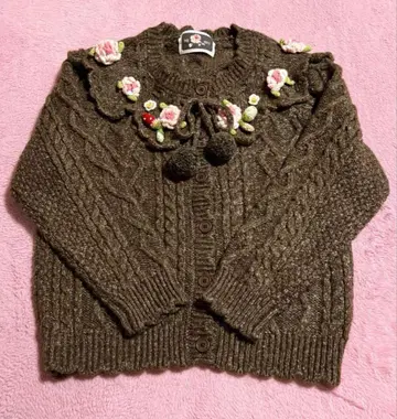 핑크하우스 Berry Rose 모티브 포함 요크 편직 니트 가디건 브라운