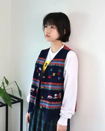 80s 90s 레트로 자수 패치워크 코듀로이 베스트 빈티지