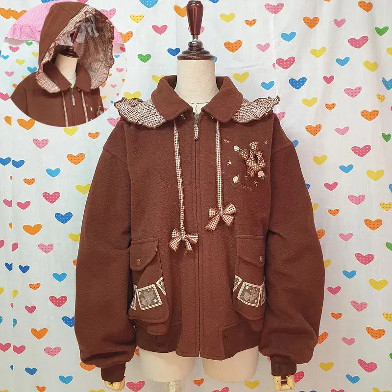 Wool wool ribbon embroidery check dot polka dot frill lace hooded blouson jacket jumper