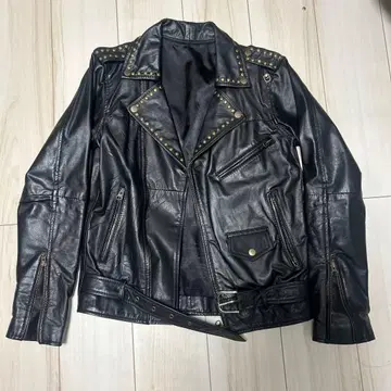 스터드 장식 블랙 가죽 더블 라이더 자켓 펑크 천연 가죽
