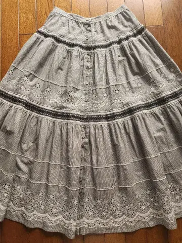 PINK HOUSE 블랙 깅엄 체크 자수 레이스 캉캉 스커트 F