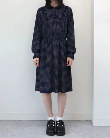 60s 70s 체크 프릴 시스루 원피스 빈티지 구제 의류