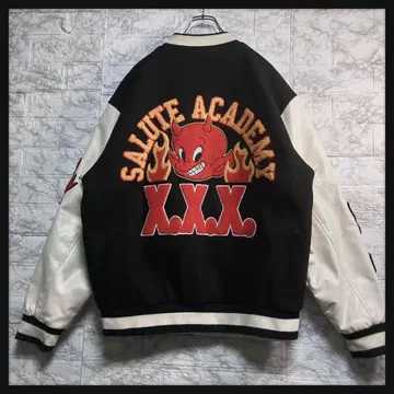 사루테 바시티 자켓 FLAME DEVIL 소매 가죽 블랙 아이보리 L