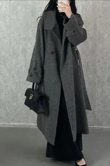 다크 그레이 롱 코트 VIS 비슈 샤기 스탠드 카라 롱 코트