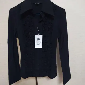 프릴 장식 블랙 스트라이프 긴팔 셔츠 미사용 택 포함 M 사이즈