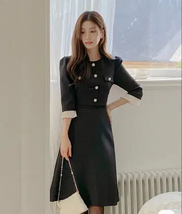 펄 진주 버튼 플리츠 7부 소매 트위드 A라인 원피스