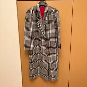 후지이데미 체크 무늬 더블 브레스트 롱 코트