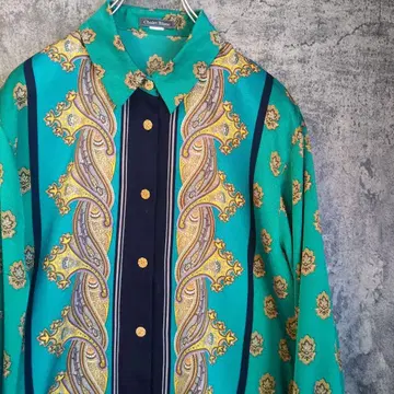 나이스 디자인 스카프 패턴 폴리 셔츠 골드 버튼 빈티지 90s 빅 루즈