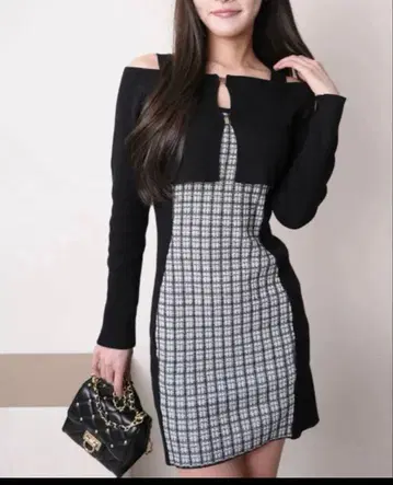 LIPSERVICE 트위드 오프숄더 앙상블 니트 원피스