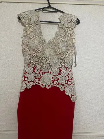 레이스 장식의 빨간색 타이트 드레스