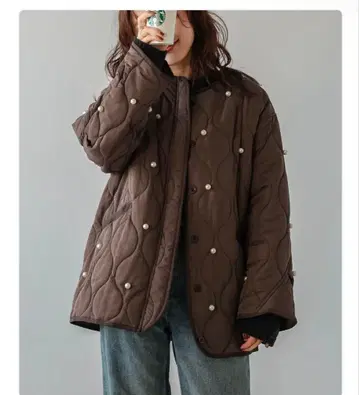 브라운 퀼팅 오버 사이즈 자켓 펄 진주 코트 밀리터리