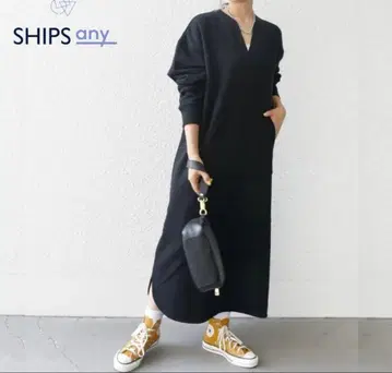 쉽스에니 USA 코튼 속기모 포켓 맨투맨 원피스 블랙