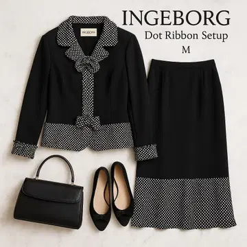 INGEBORG 잉게보그 도트 무늬 리본 프릴 셋업 M 블랙