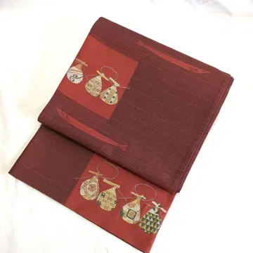 순수 실크 육통 무늬 후쿠로 오비 어문양 팥색 코몬 에!