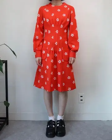 60s 70s 레트로 꽃무늬 원피스 빈티지 구제 의류 오렌지 긴팔