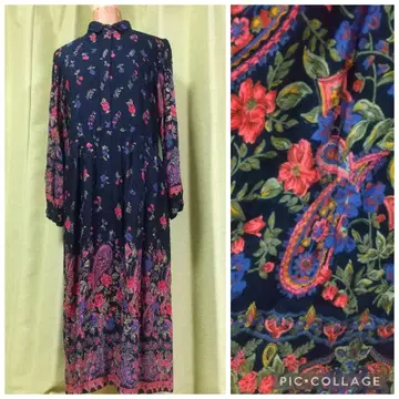 쇼와 레트로 원피스 꽃무늬 페이즐리 사이키 인도산 블랙